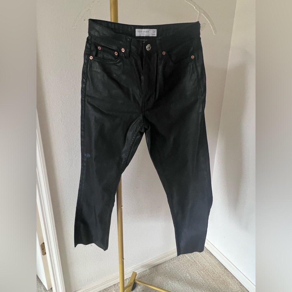 Topshop Black Denim Skinny Straight Wax Shiny Jeans Women’s 28/6 EUC